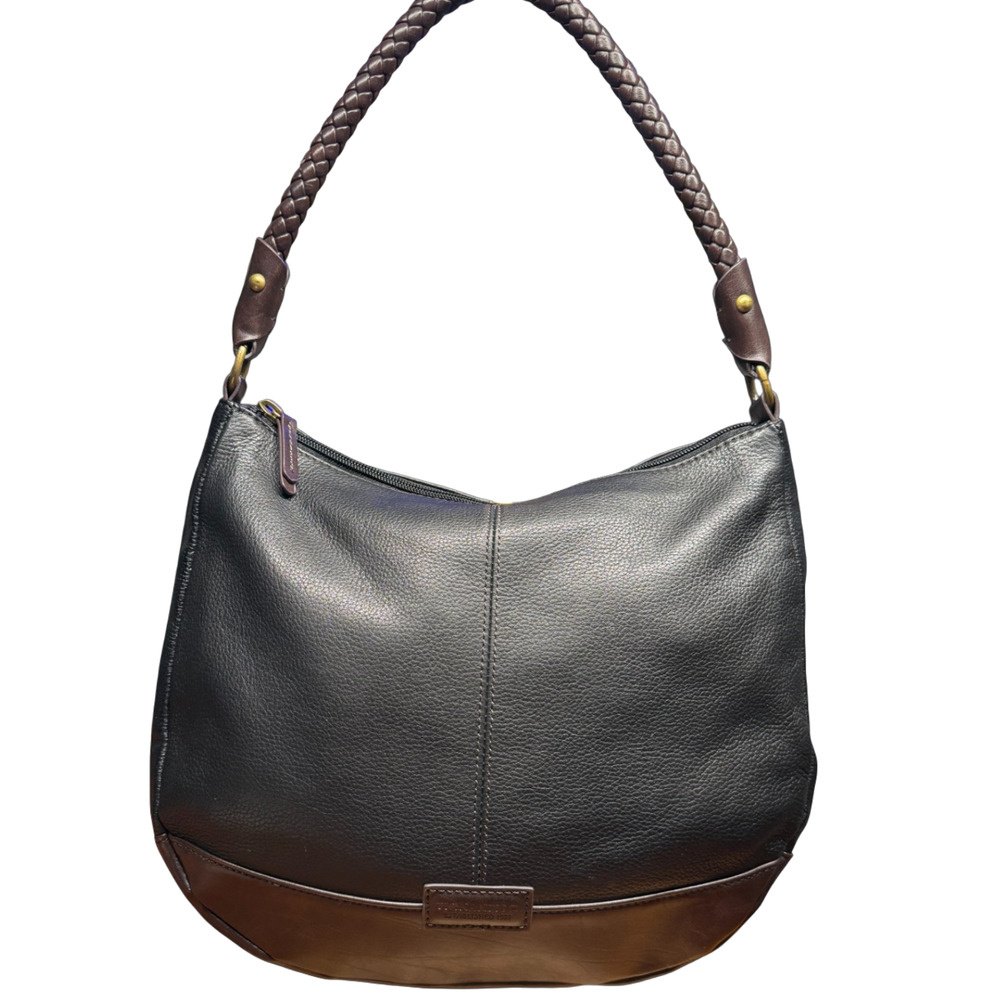 TIGNANELLO Black Brown Genuine Leather Hobo Bag Braided Strap Handbag